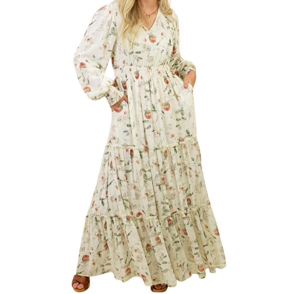 Piper & Scoot Maxi Dress Smocked Cream Floral Print Tiered Flowy Women's XS